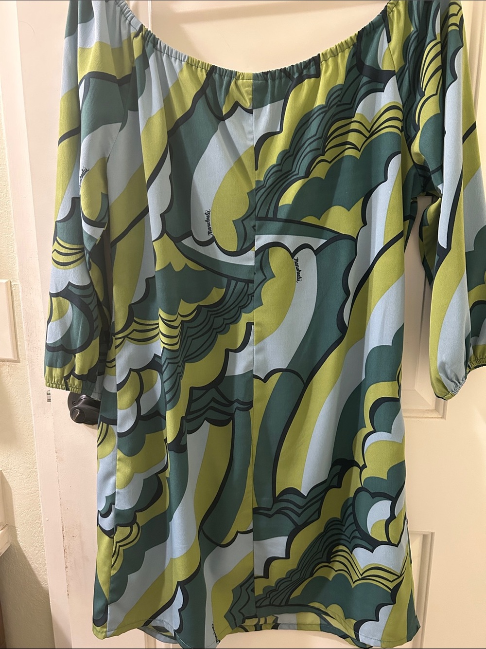 Manuheali'i Hawaiian Dress Womens Sz L Green Blue Wave-Print Alohawear - Picture 7 of 7